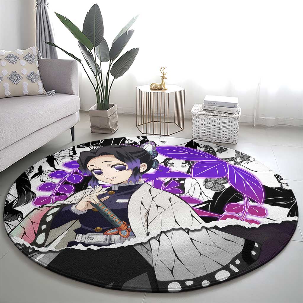 Shinobu Kocho Demon Slayer Butterfly Theme Round Carpet with Purple Accents and Manga Collage Design - The Mazicc