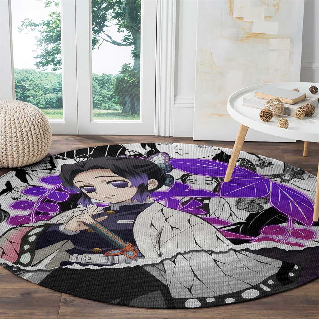 Shinobu Kocho Demon Slayer Butterfly Theme Round Carpet with Purple Accents and Manga Collage Design - The Mazicc