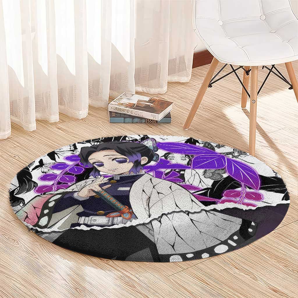 Shinobu Kocho Demon Slayer Butterfly Theme Round Carpet with Purple Accents and Manga Collage Design - The Mazicc