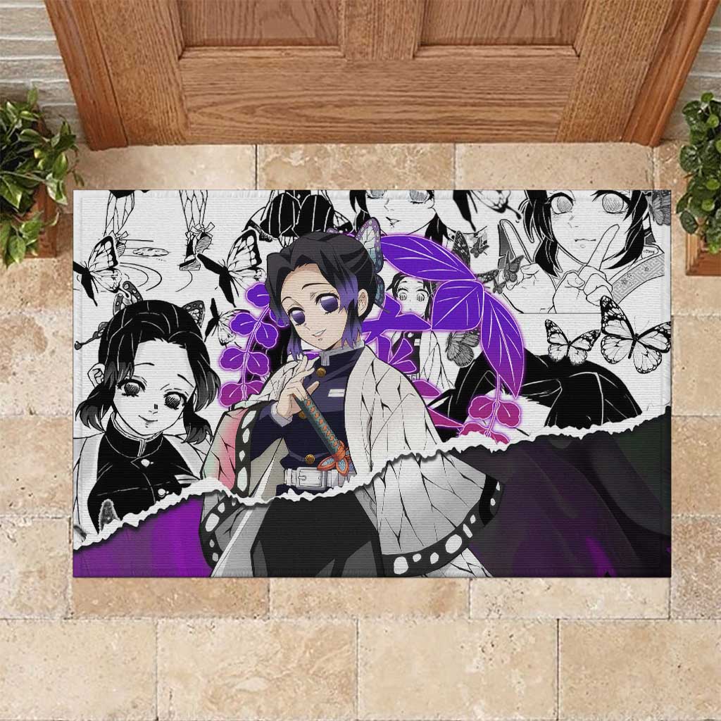 Shinobu Kocho Demon Slayer Butterfly Theme Rubber Doormat with Purple Accents and Manga Collage Design - The Mazicc