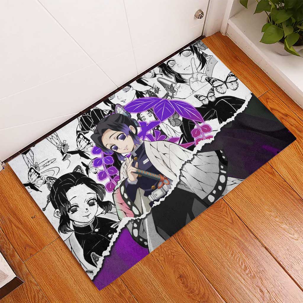 Shinobu Kocho Demon Slayer Butterfly Theme Rubber Doormat with Purple Accents and Manga Collage Design - The Mazicc