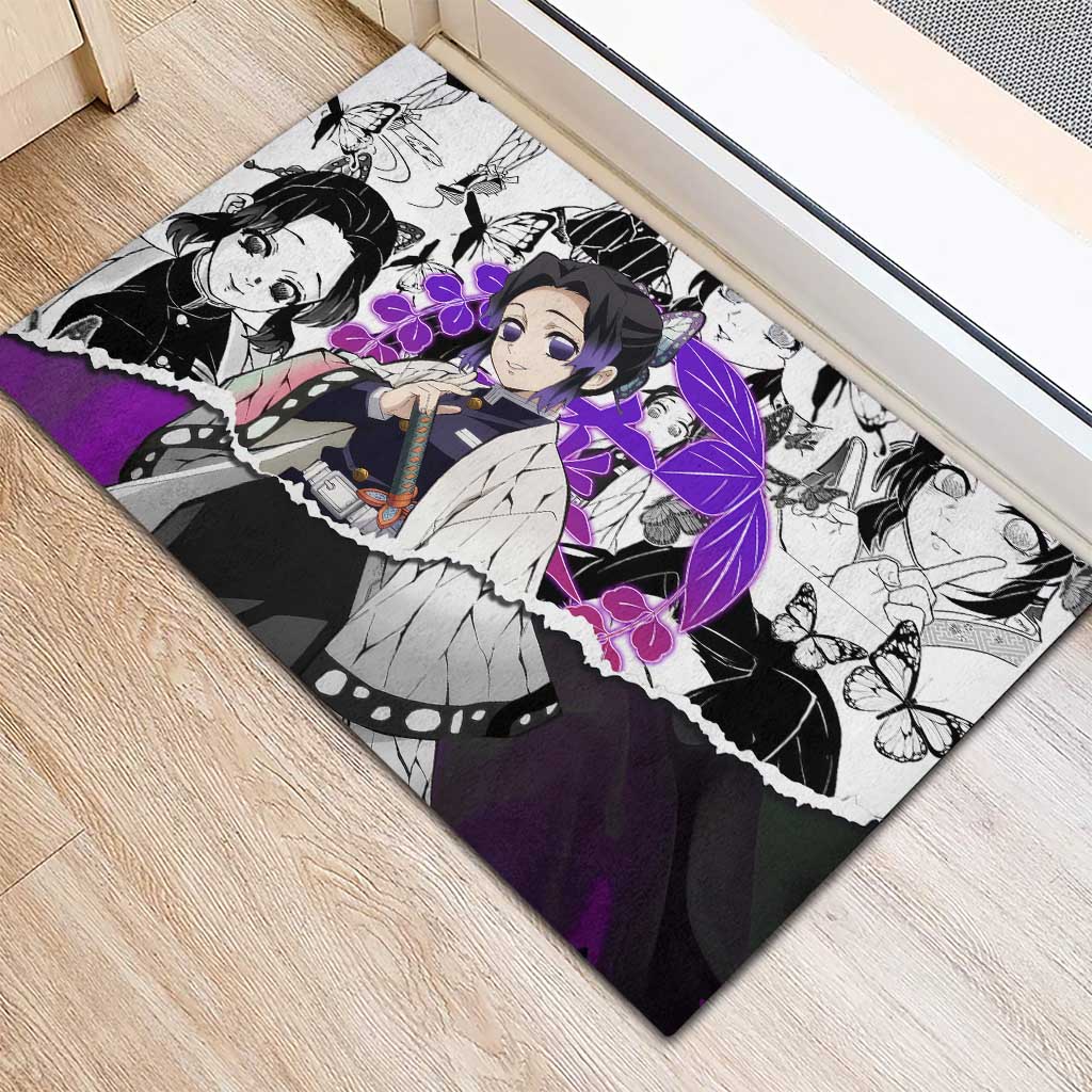 Shinobu Kocho Demon Slayer Butterfly Theme Rubber Doormat with Purple Accents and Manga Collage Design - The Mazicc