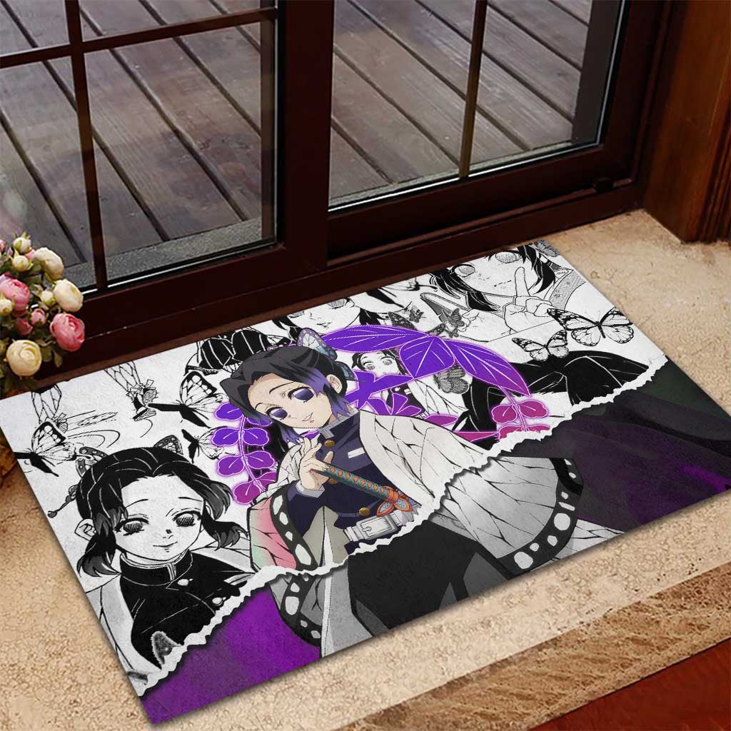 Shinobu Kocho Demon Slayer Butterfly Theme Rubber Doormat with Purple Accents and Manga Collage Design - The Mazicc