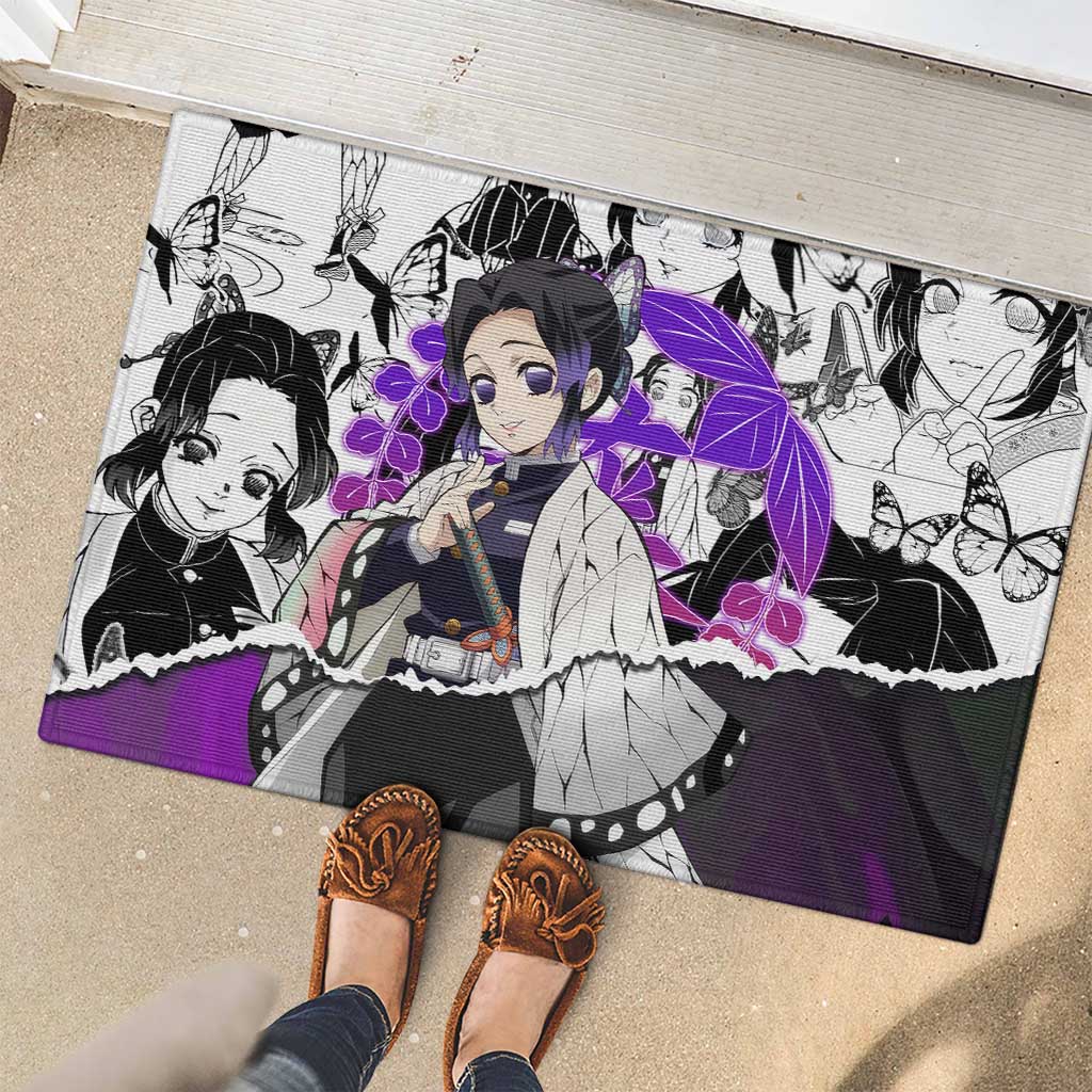 Shinobu Kocho Demon Slayer Butterfly Theme Rubber Doormat with Purple Accents and Manga Collage Design - The Mazicc