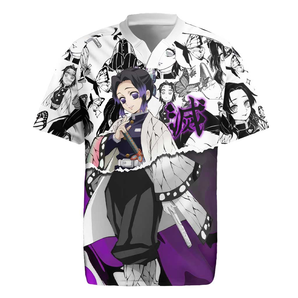 Shinobu Kocho Demon Slayer Butterfly Theme Rugby Jersey with Purple Accents and Manga Collage Design - The Mazicc