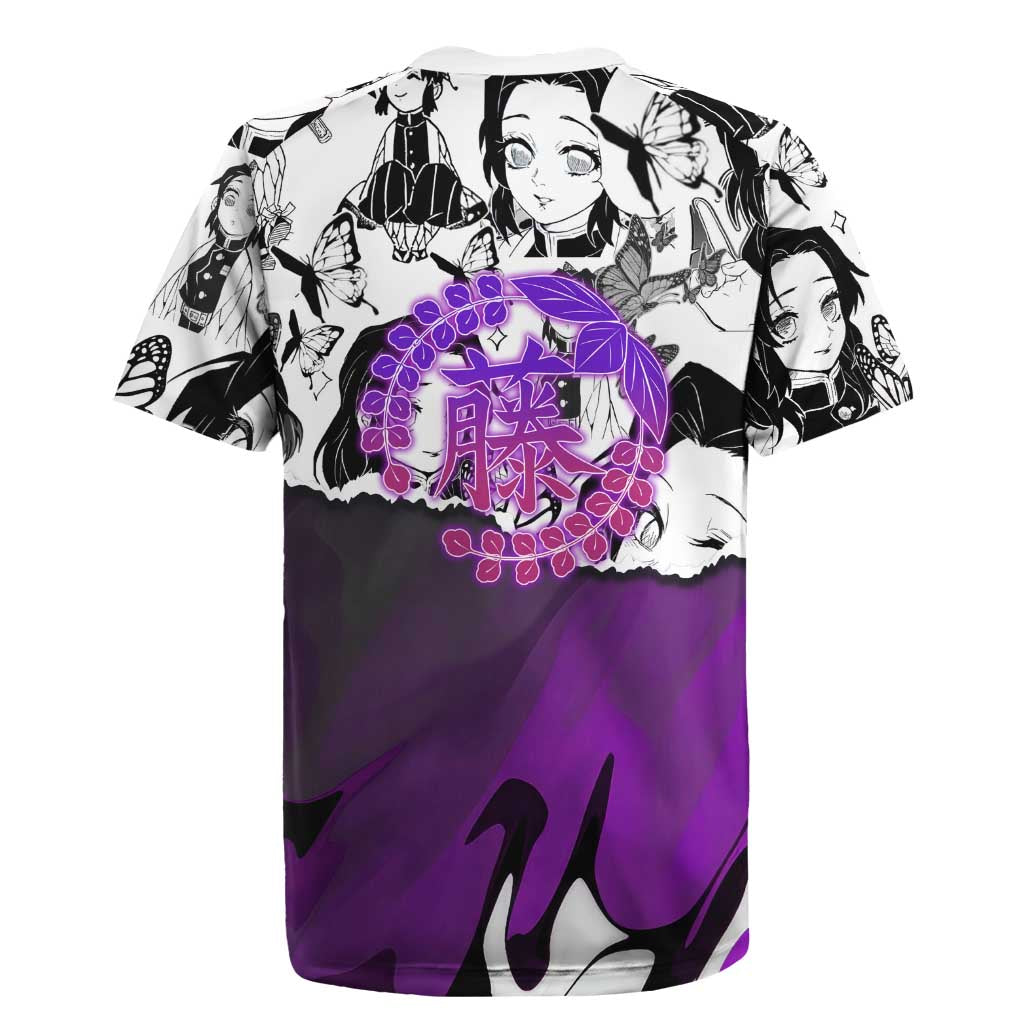 Shinobu Kocho Demon Slayer Butterfly Theme Rugby Jersey with Purple Accents and Manga Collage Design - The Mazicc