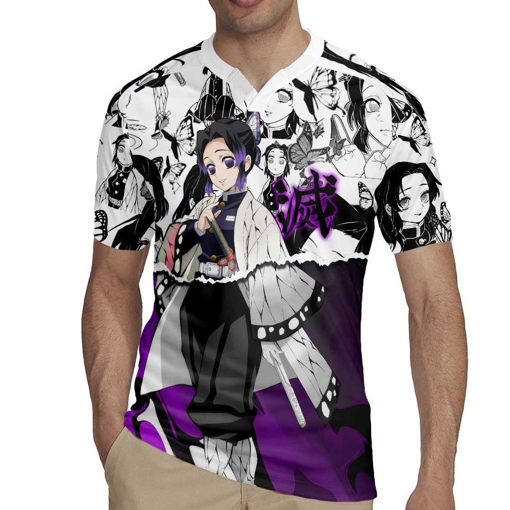Shinobu Kocho Demon Slayer Butterfly Theme Rugby Jersey with Purple Accents and Manga Collage Design - The Mazicc