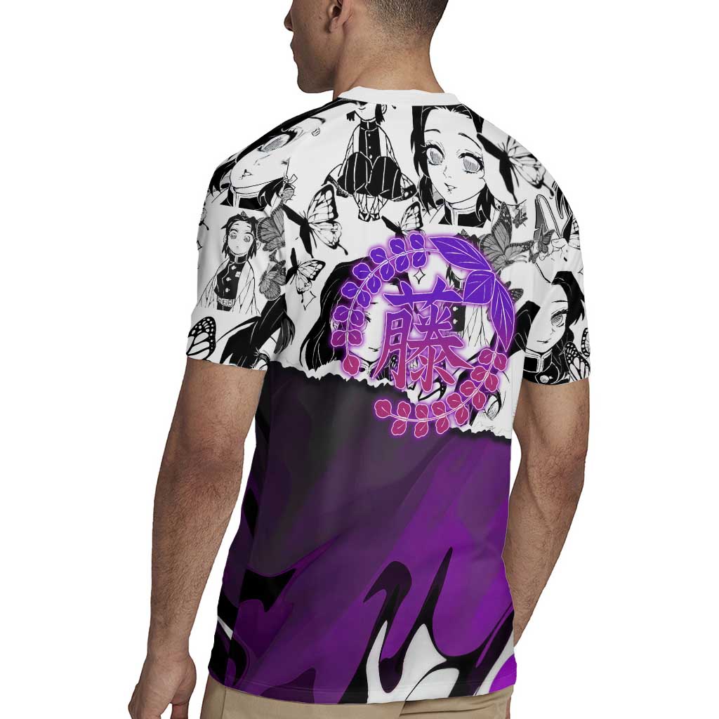 Shinobu Kocho Demon Slayer Butterfly Theme Rugby Jersey with Purple Accents and Manga Collage Design - The Mazicc