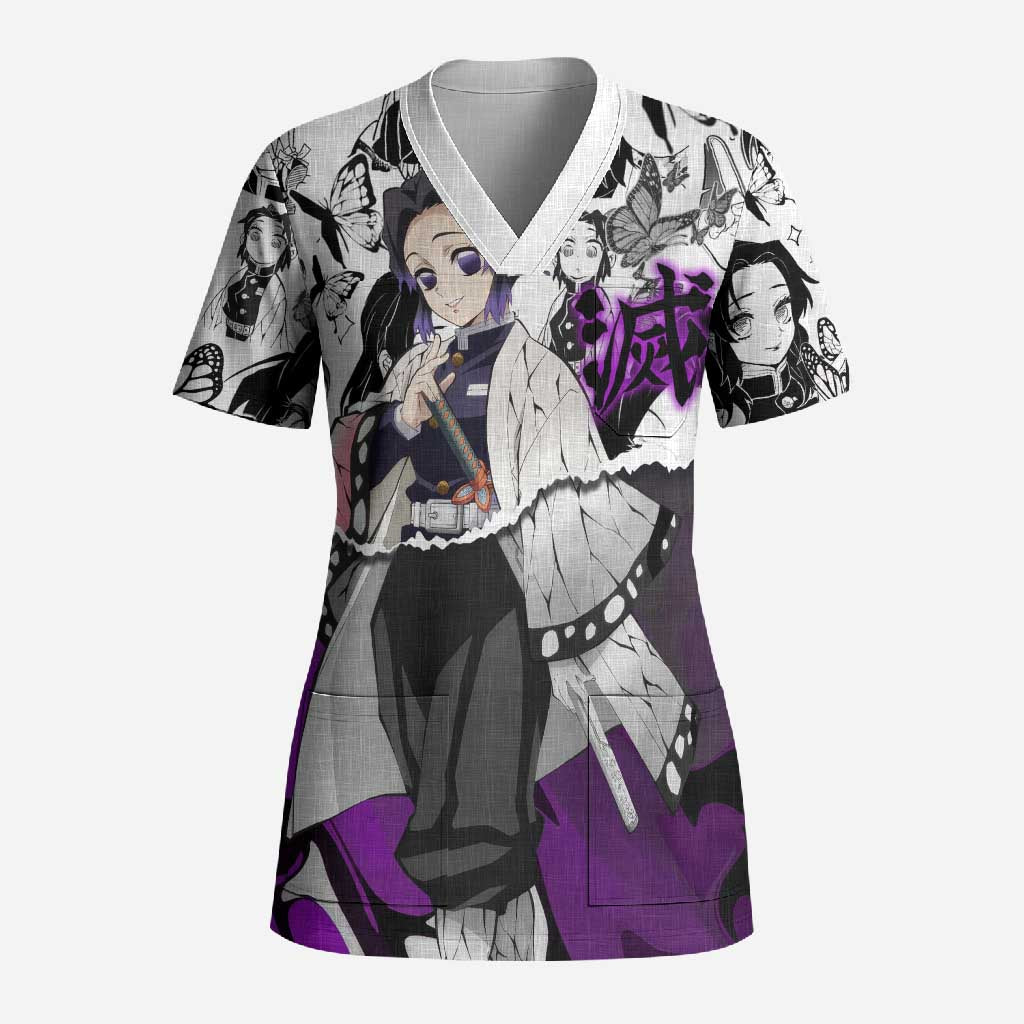 Shinobu Kocho Demon Slayer Butterfly Theme Scrub Top with Purple Accents and Manga Collage Design - The Mazicc