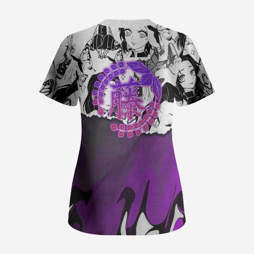 Shinobu Kocho Demon Slayer Butterfly Theme Scrub Top with Purple Accents and Manga Collage Design - The Mazicc