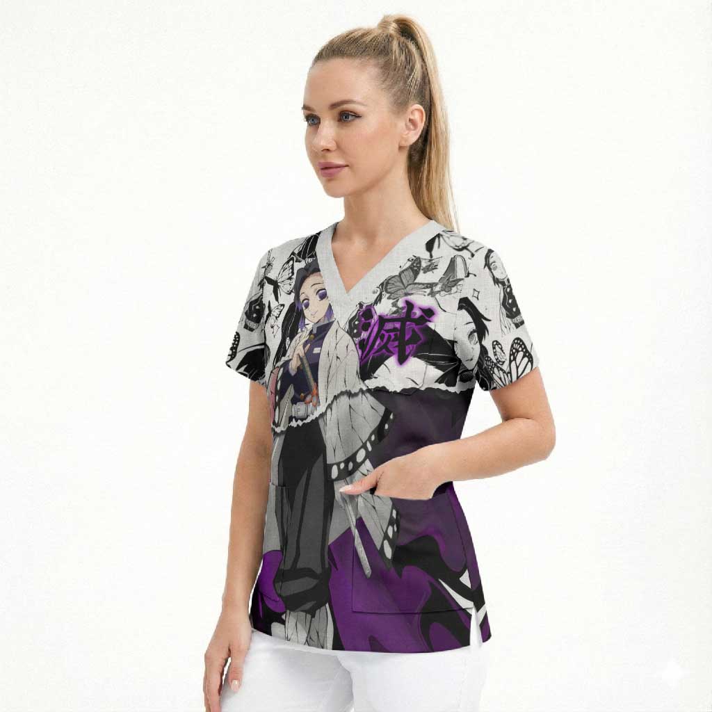 Shinobu Kocho Demon Slayer Butterfly Theme Scrub Top with Purple Accents and Manga Collage Design - The Mazicc