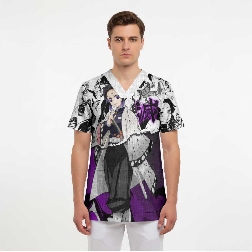 Shinobu Kocho Demon Slayer Butterfly Theme Scrub Top with Purple Accents and Manga Collage Design - The Mazicc
