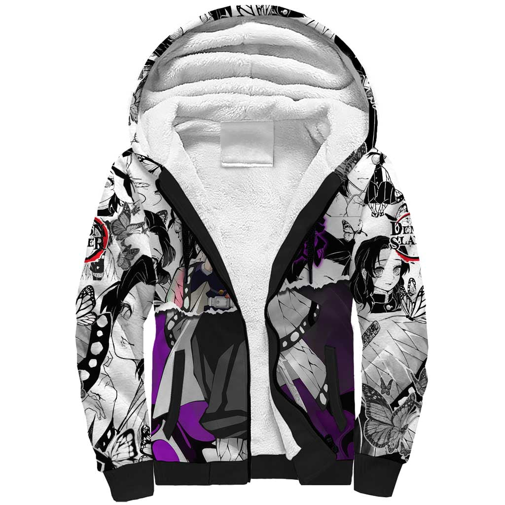 Shinobu Kocho Demon Slayer Butterfly Theme Sherpa Hoodie with Purple Accents and Manga Collage Design - The Mazicc