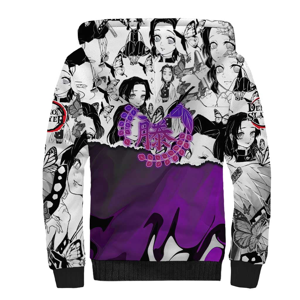 Shinobu Kocho Demon Slayer Butterfly Theme Sherpa Hoodie with Purple Accents and Manga Collage Design - The Mazicc