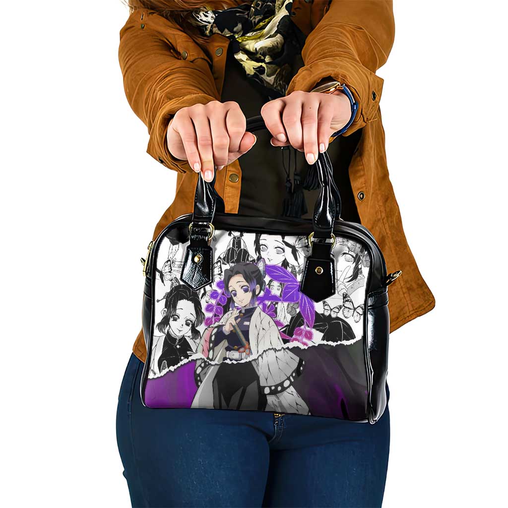 Shinobu Kocho Demon Slayer Butterfly Theme Shoulder Handbag with Purple Accents and Manga Collage Design - The Mazicc