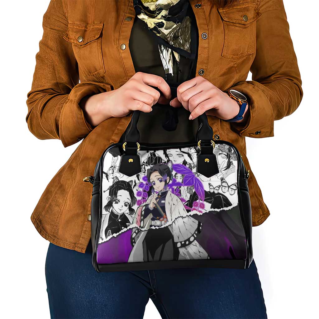 Shinobu Kocho Demon Slayer Butterfly Theme Shoulder Handbag with Purple Accents and Manga Collage Design - The Mazicc