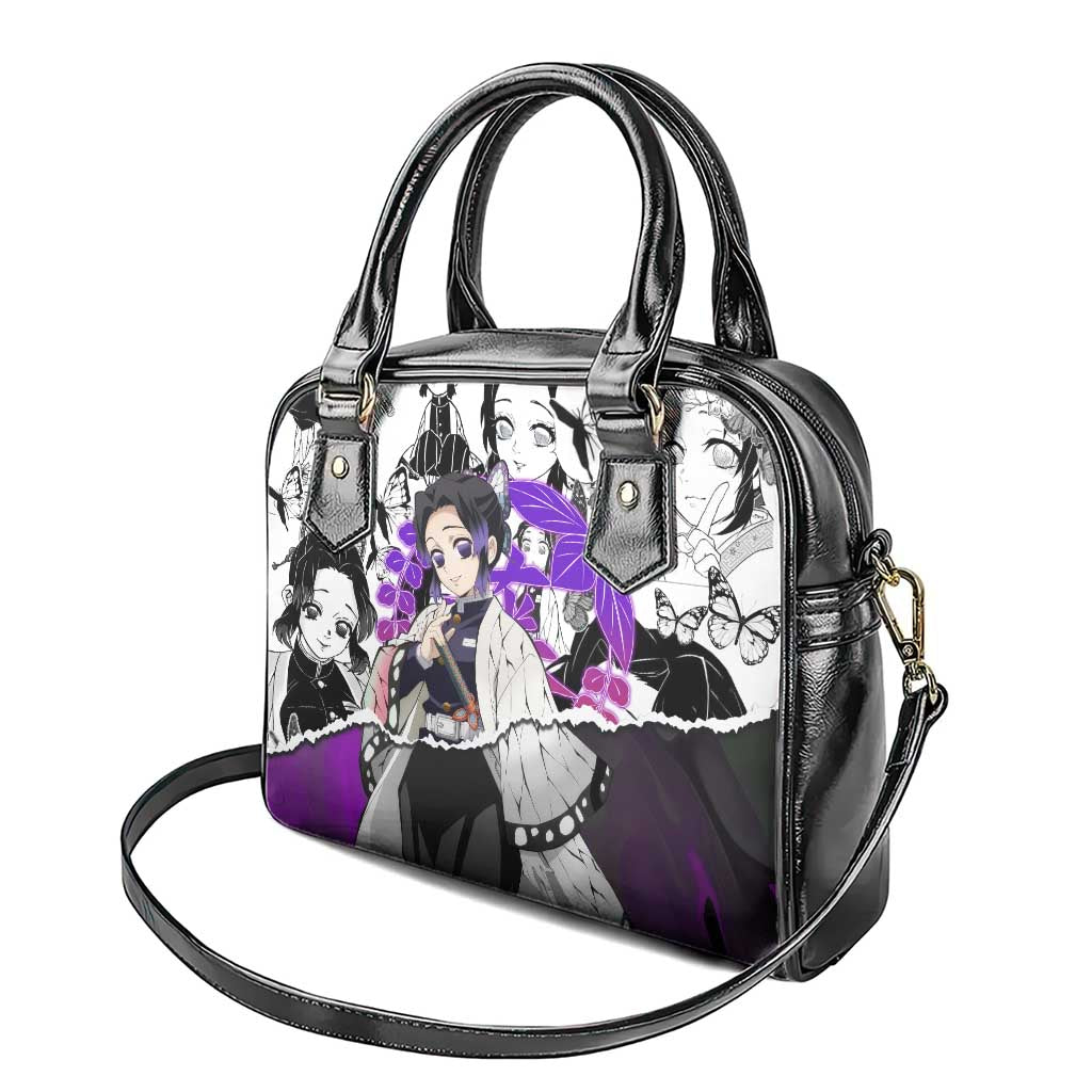 Shinobu Kocho Demon Slayer Butterfly Theme Shoulder Handbag with Purple Accents and Manga Collage Design - The Mazicc
