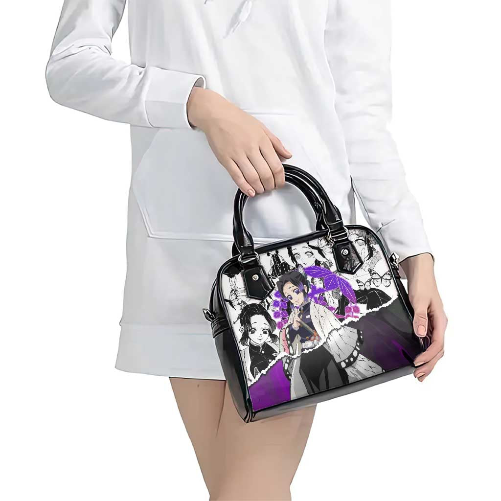 Shinobu Kocho Demon Slayer Butterfly Theme Shoulder Handbag with Purple Accents and Manga Collage Design - The Mazicc