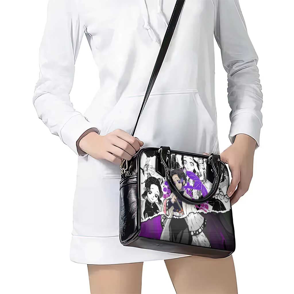 Shinobu Kocho Demon Slayer Butterfly Theme Shoulder Handbag with Purple Accents and Manga Collage Design - The Mazicc