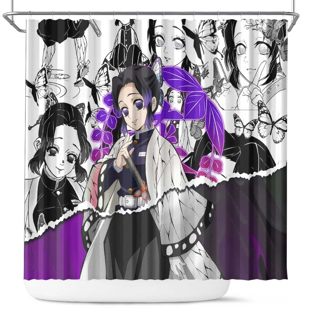 Shinobu Kocho Demon Slayer Butterfly Theme Shower Curtain with Purple Accents and Manga Collage Design - The Mazicc