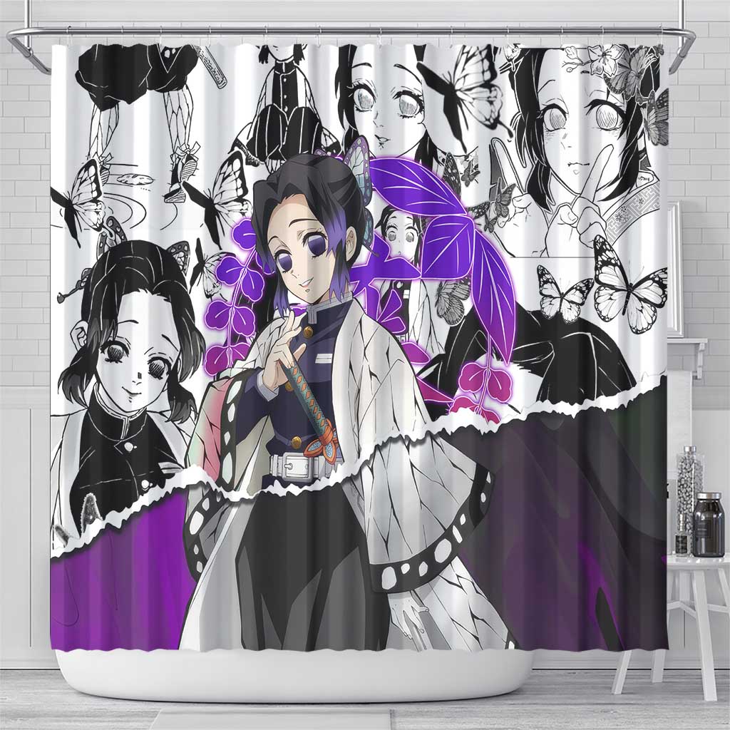 Shinobu Kocho Demon Slayer Butterfly Theme Shower Curtain with Purple Accents and Manga Collage Design - The Mazicc
