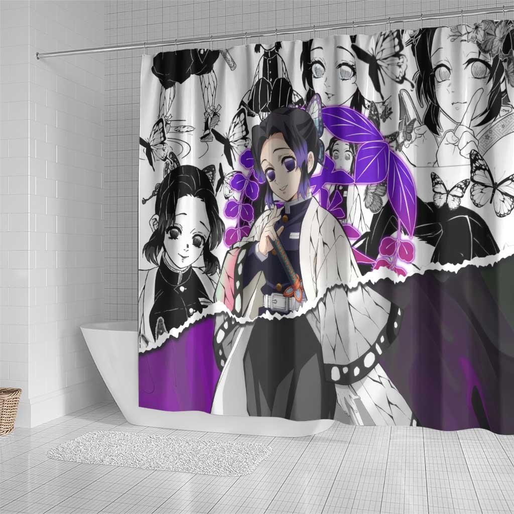 Shinobu Kocho Demon Slayer Butterfly Theme Shower Curtain with Purple Accents and Manga Collage Design - The Mazicc