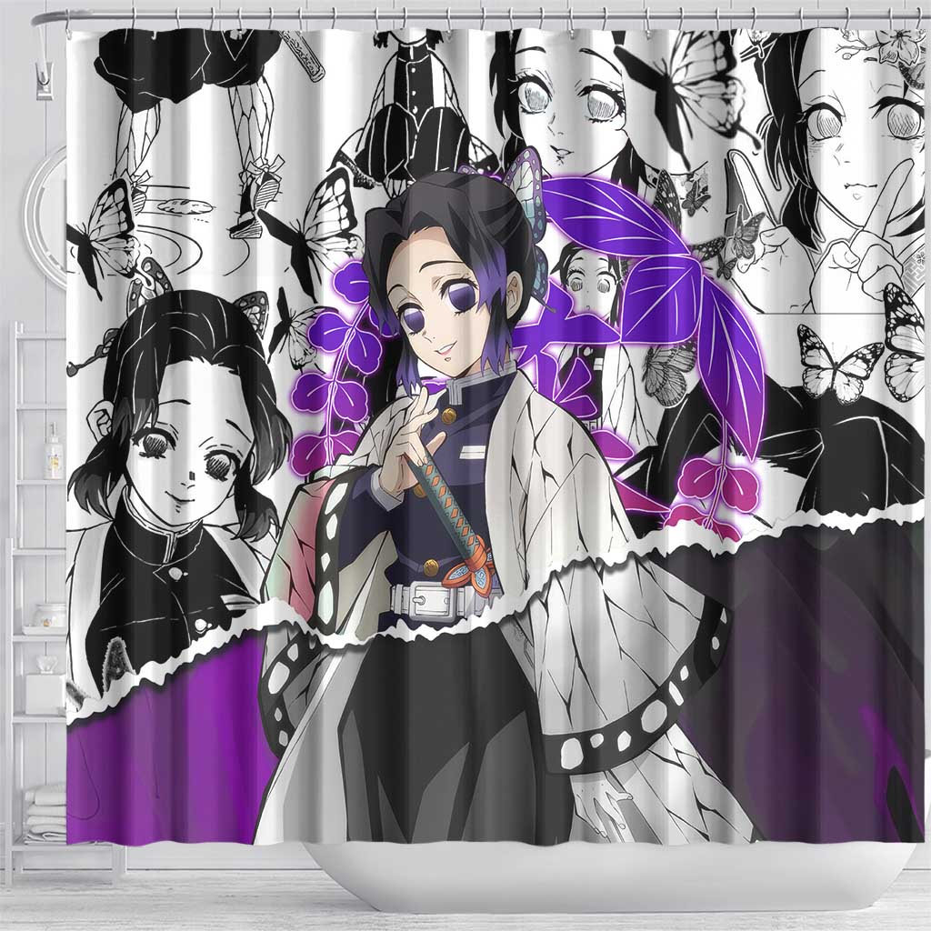 Shinobu Kocho Demon Slayer Butterfly Theme Shower Curtain with Purple Accents and Manga Collage Design - The Mazicc