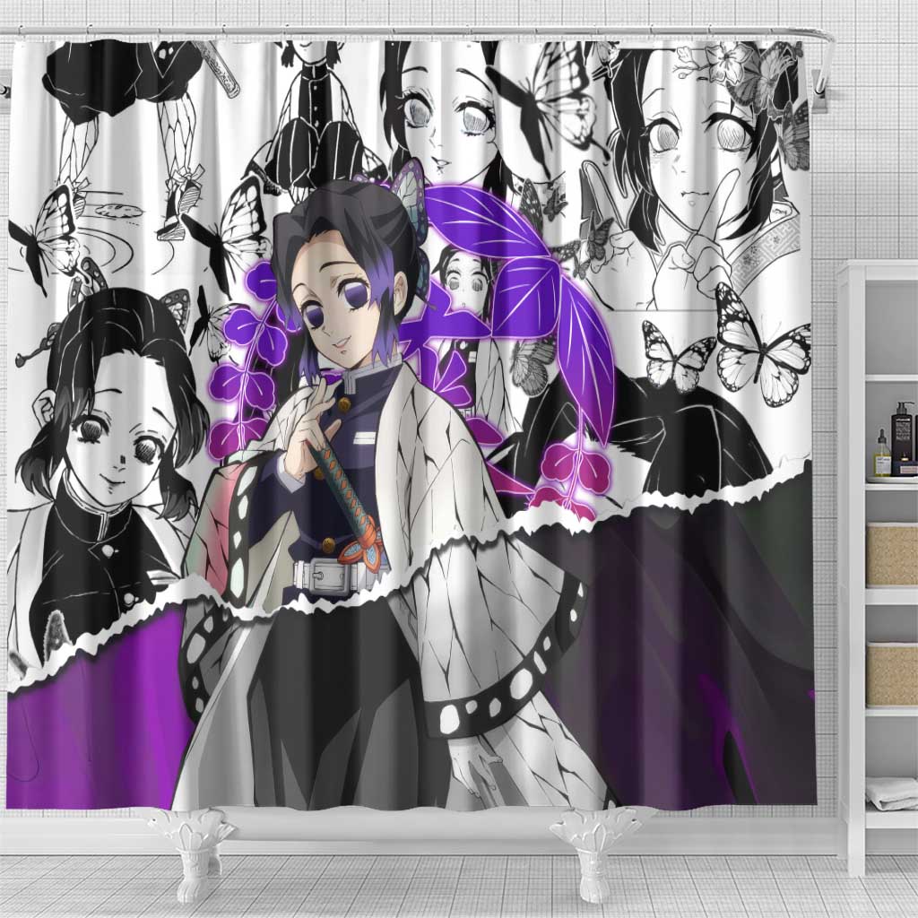Shinobu Kocho Demon Slayer Butterfly Theme Shower Curtain with Purple Accents and Manga Collage Design - The Mazicc