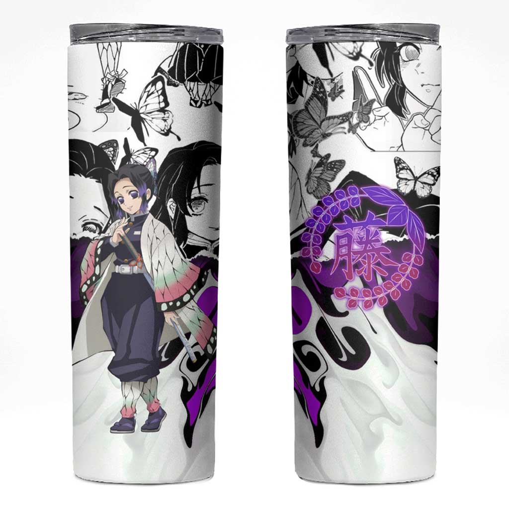 Shinobu Kocho Demon Slayer Butterfly Theme Skinny Tumbler with Purple Accents and Manga Collage Design - The Mazicc