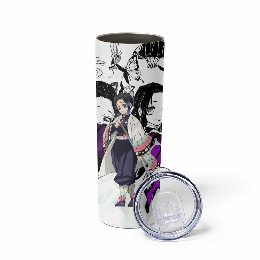 Shinobu Kocho Demon Slayer Butterfly Theme Skinny Tumbler with Purple Accents and Manga Collage Design - The Mazicc