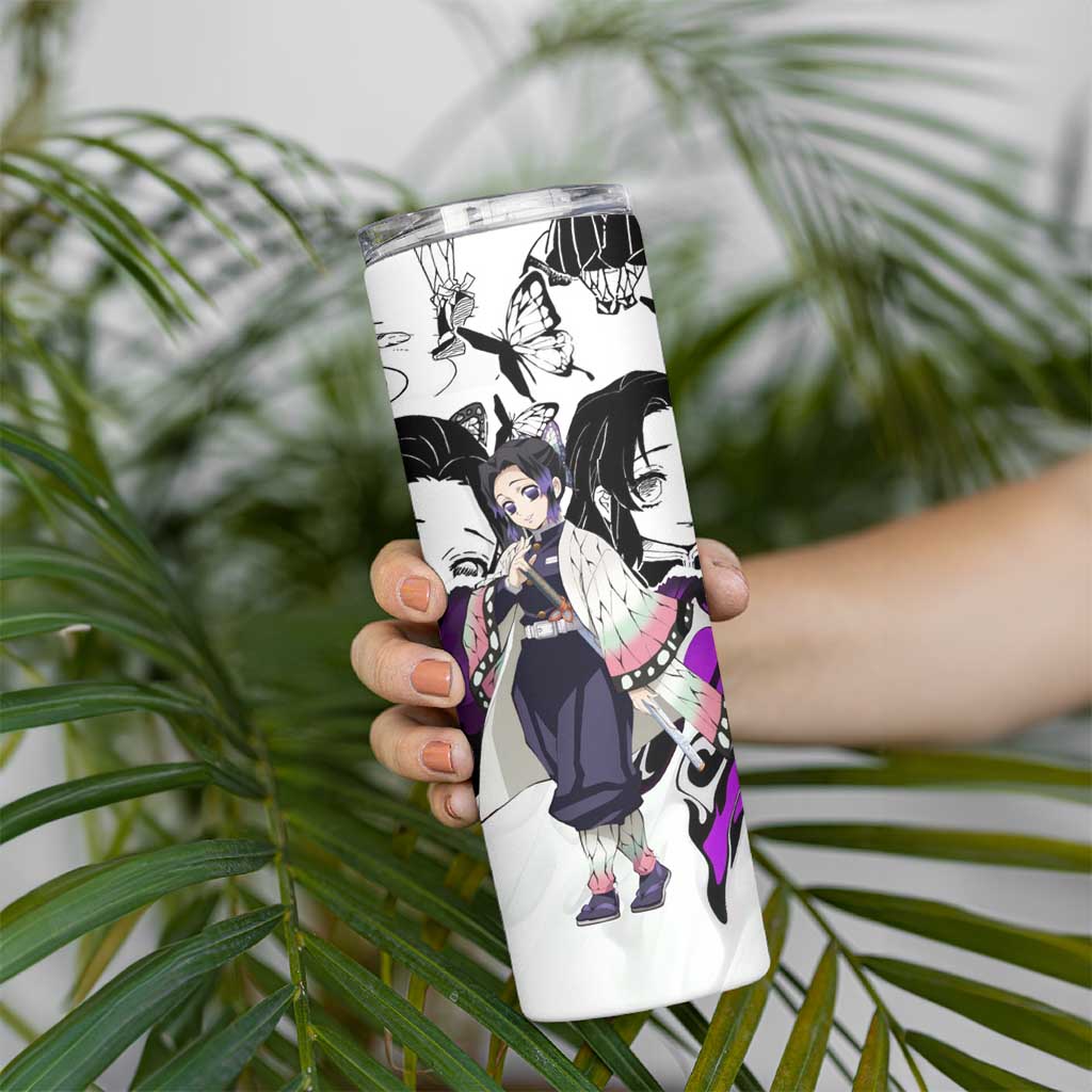 Shinobu Kocho Demon Slayer Butterfly Theme Skinny Tumbler with Purple Accents and Manga Collage Design - The Mazicc