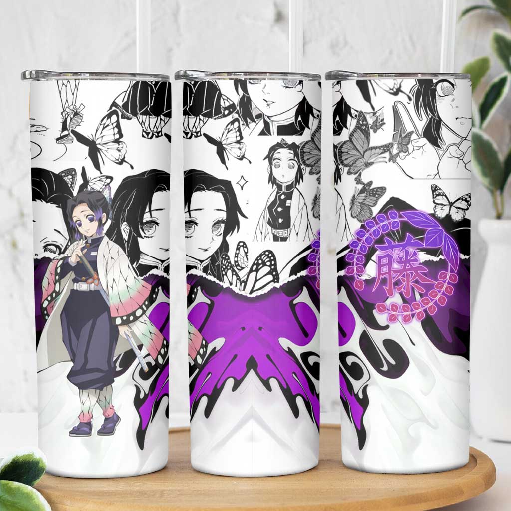 Shinobu Kocho Demon Slayer Butterfly Theme Skinny Tumbler with Purple Accents and Manga Collage Design - The Mazicc