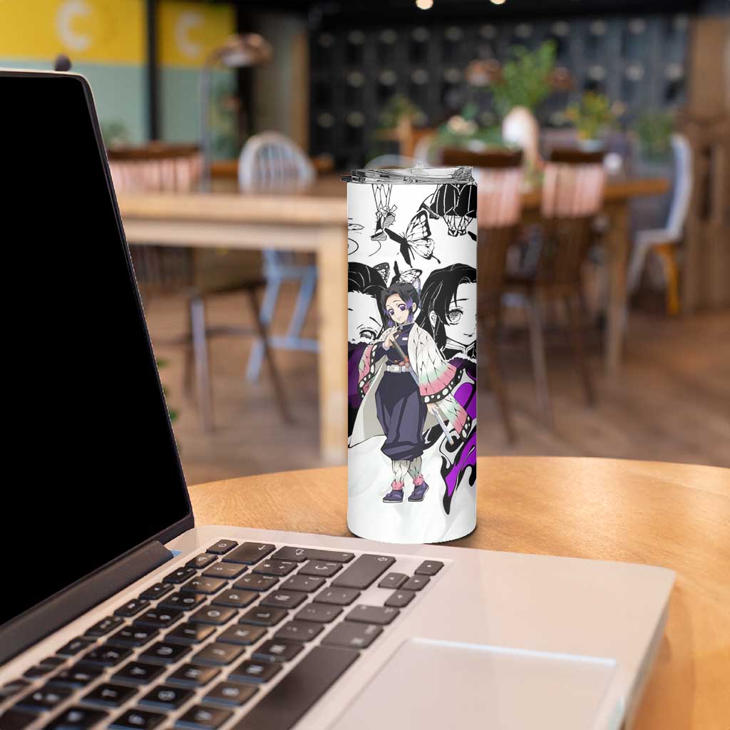 Shinobu Kocho Demon Slayer Butterfly Theme Skinny Tumbler with Purple Accents and Manga Collage Design - The Mazicc