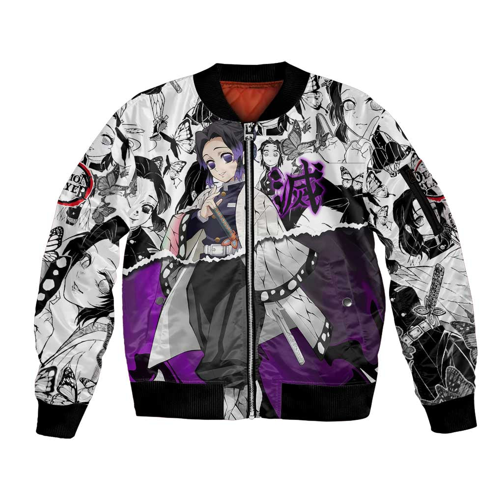 Shinobu Kocho Demon Slayer Butterfly Theme Sleeve Zip Bomber Jacket with Purple Accents and Manga Collage Design - The Mazicc