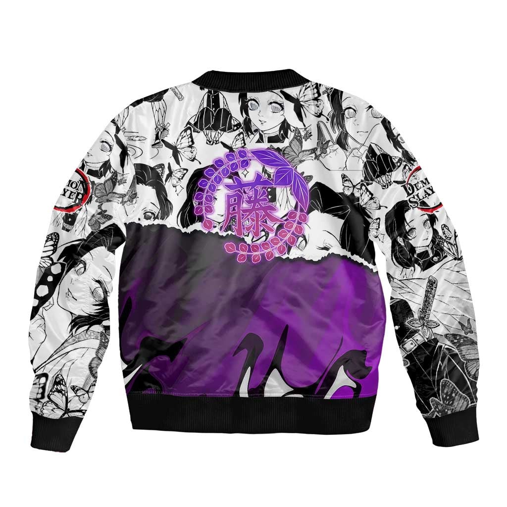 Shinobu Kocho Demon Slayer Butterfly Theme Sleeve Zip Bomber Jacket with Purple Accents and Manga Collage Design - The Mazicc