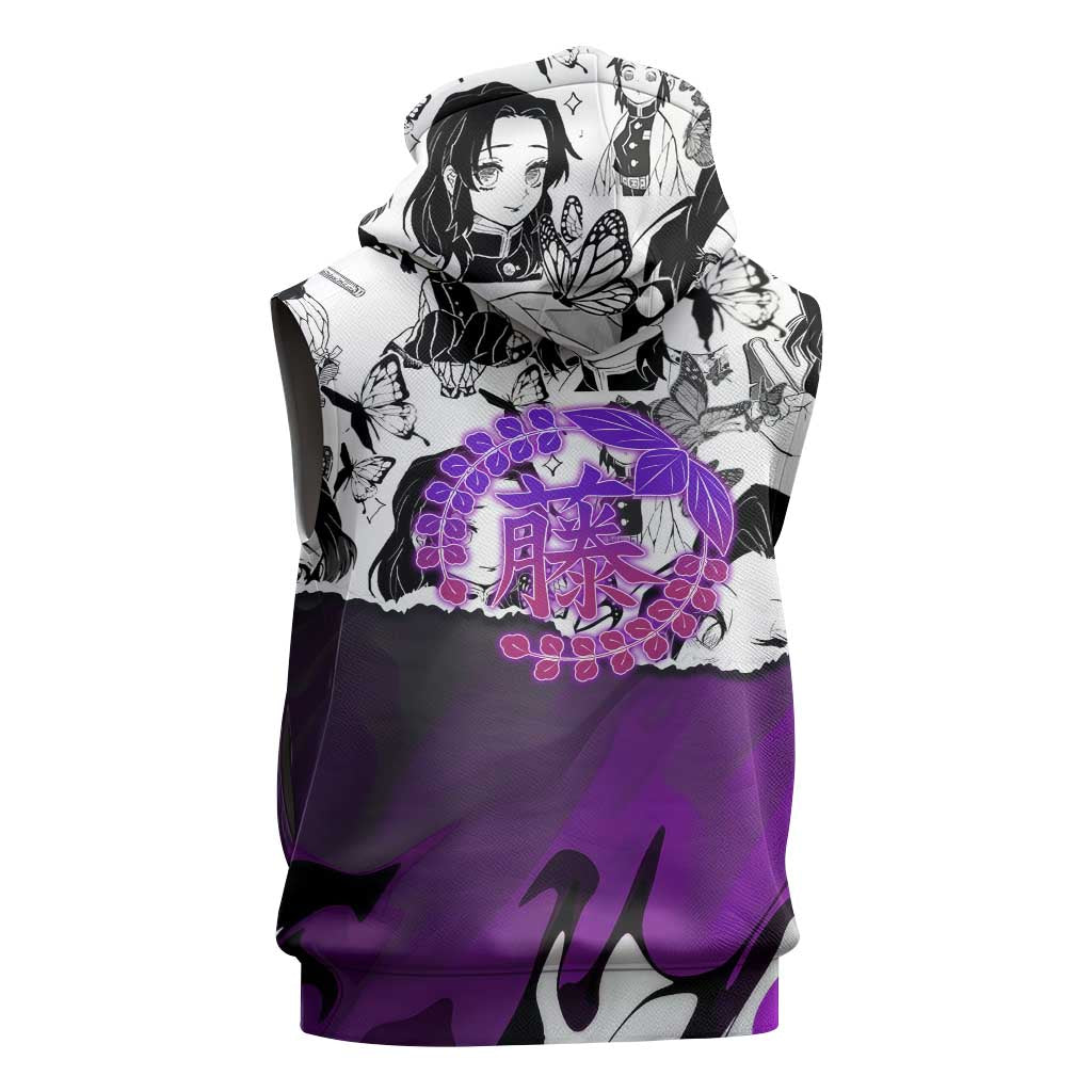 Shinobu Kocho Demon Slayer Butterfly Theme Sleeveless Hoodie with Purple Accents and Manga Collage Design - The Mazicc