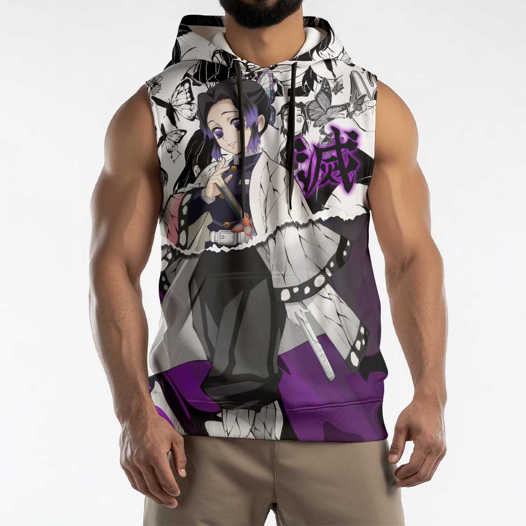 Shinobu Kocho Demon Slayer Butterfly Theme Sleeveless Hoodie with Purple Accents and Manga Collage Design - The Mazicc