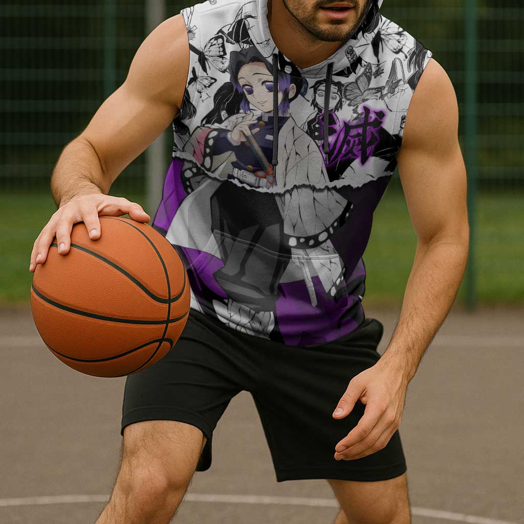 Shinobu Kocho Demon Slayer Butterfly Theme Sleeveless Hoodie with Purple Accents and Manga Collage Design - The Mazicc