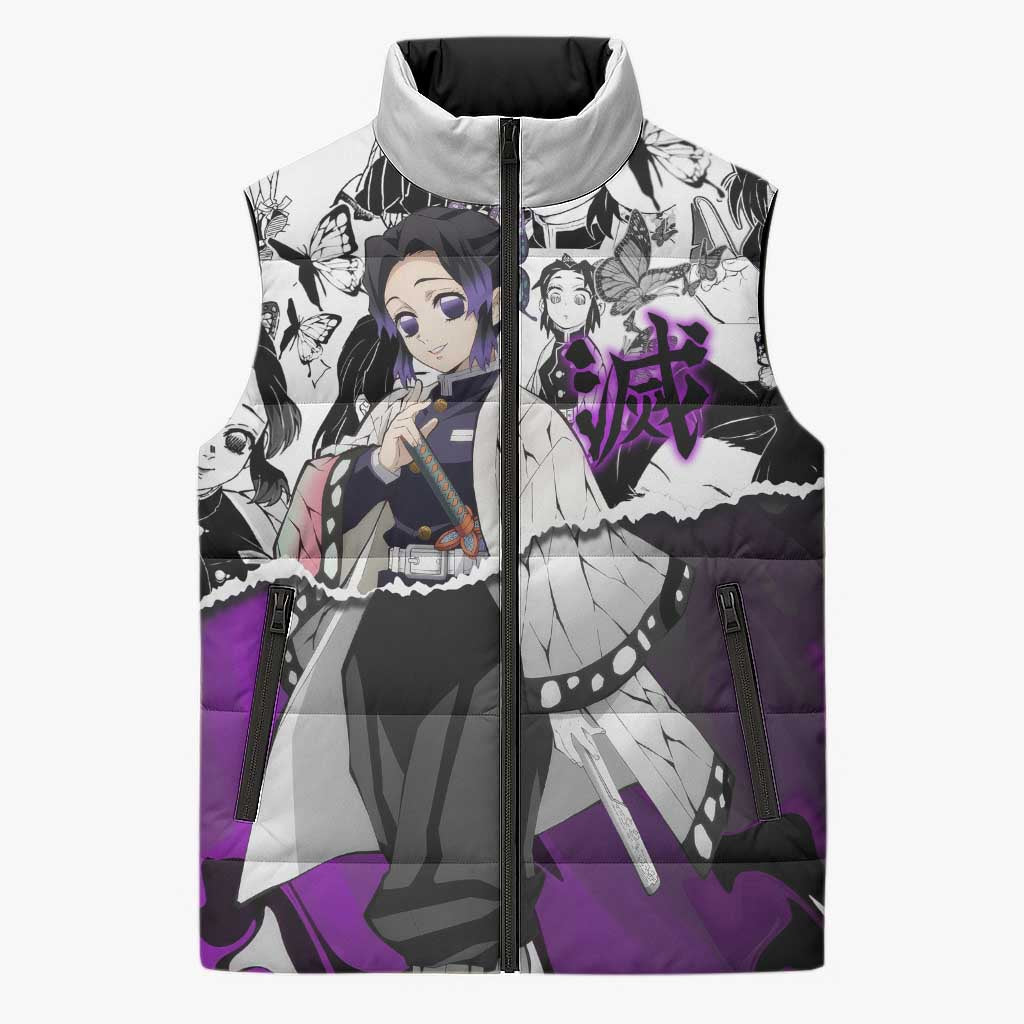 Shinobu Kocho Demon Slayer Butterfly Theme Sleeveless Puffer Jacket with Purple Accents and Manga Collage Design - The Mazicc