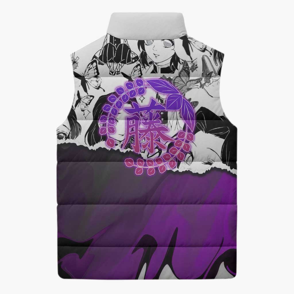 Shinobu Kocho Demon Slayer Butterfly Theme Sleeveless Puffer Jacket with Purple Accents and Manga Collage Design - The Mazicc
