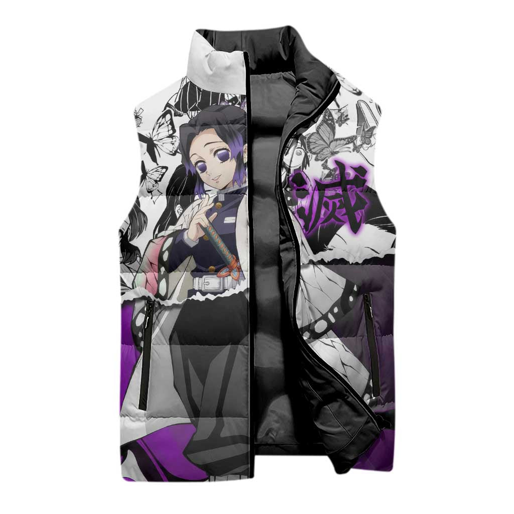 Shinobu Kocho Demon Slayer Butterfly Theme Sleeveless Puffer Jacket with Purple Accents and Manga Collage Design - The Mazicc