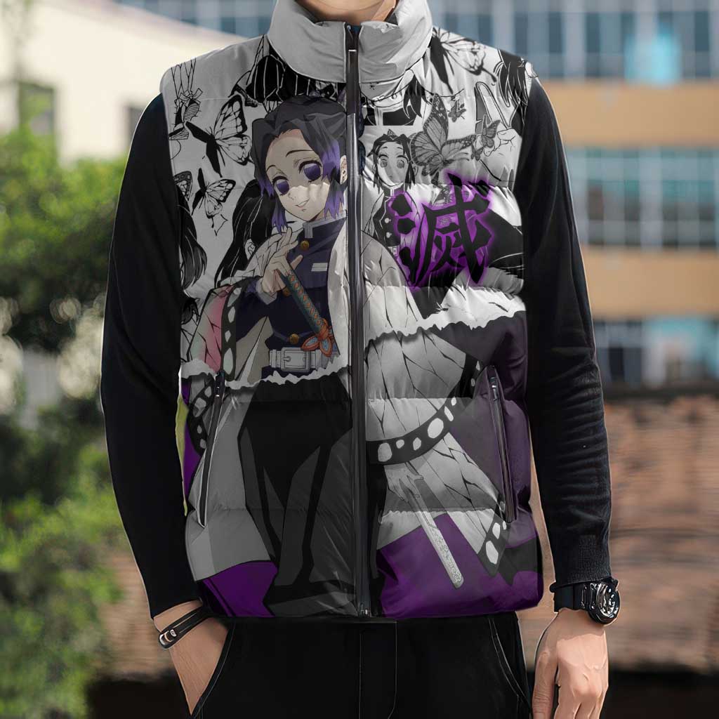 Shinobu Kocho Demon Slayer Butterfly Theme Sleeveless Puffer Jacket with Purple Accents and Manga Collage Design - The Mazicc