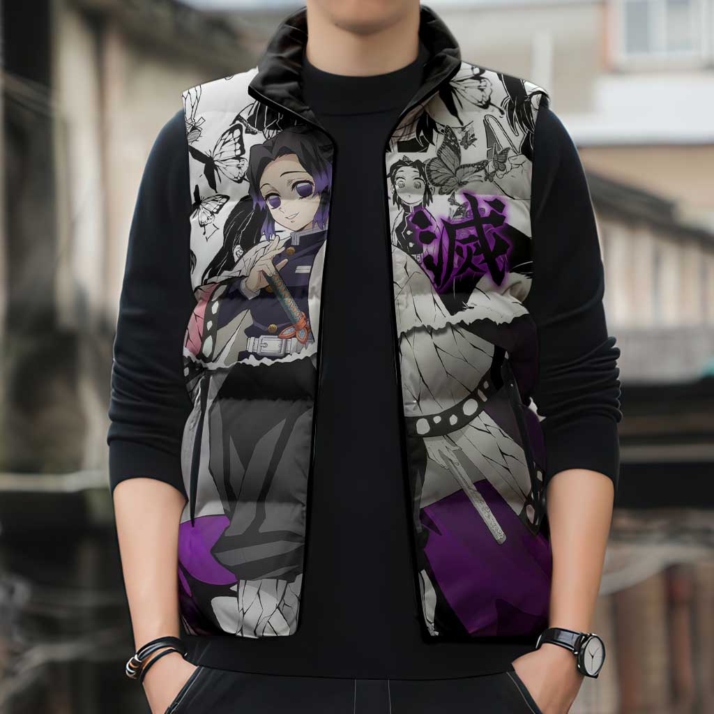 Shinobu Kocho Demon Slayer Butterfly Theme Sleeveless Puffer Jacket with Purple Accents and Manga Collage Design - The Mazicc