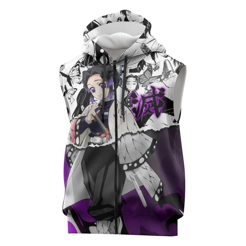 Shinobu Kocho Demon Slayer Butterfly Theme Sleeveless Zip Hoodie with Purple Accents and Manga Collage Design - The Mazicc