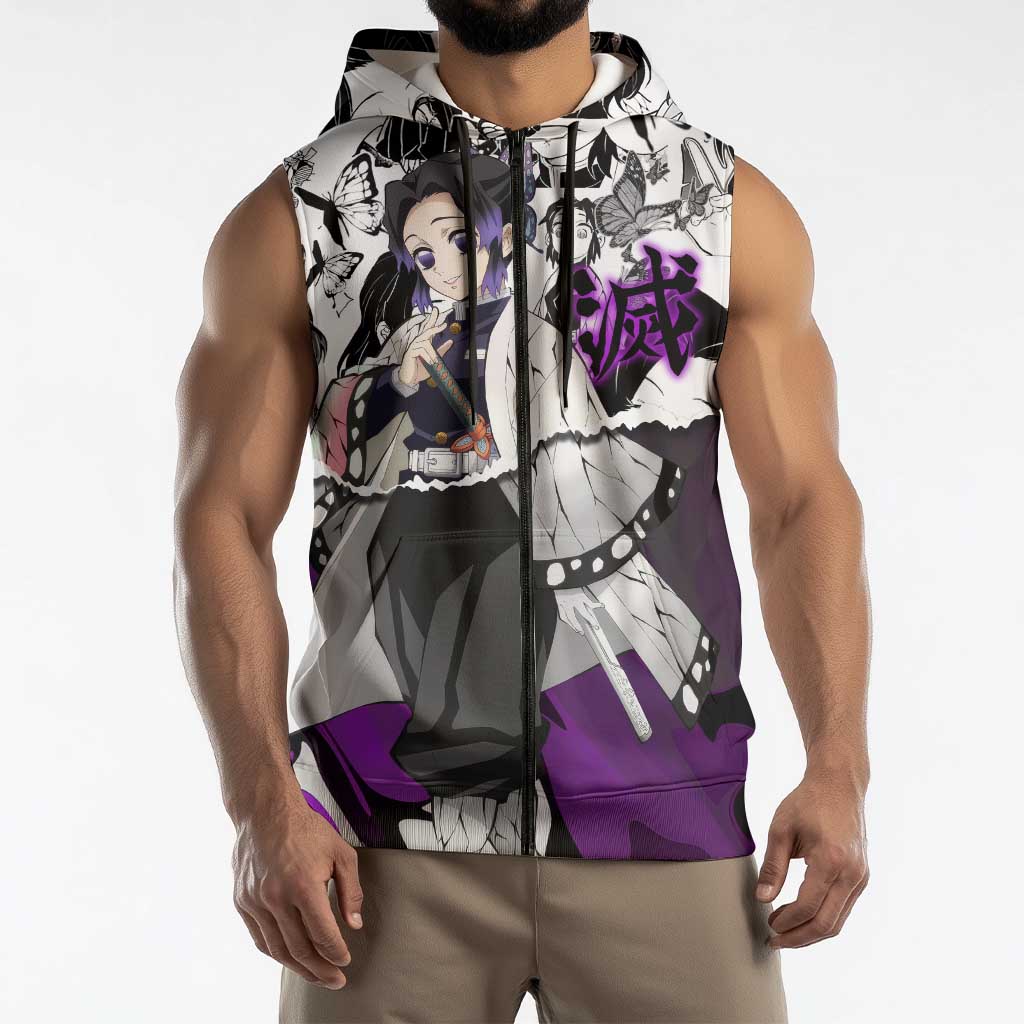 Shinobu Kocho Demon Slayer Butterfly Theme Sleeveless Zip Hoodie with Purple Accents and Manga Collage Design - The Mazicc