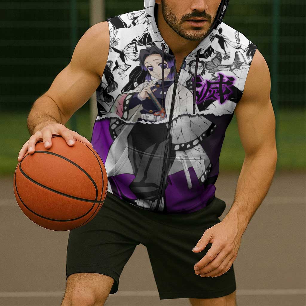 Shinobu Kocho Demon Slayer Butterfly Theme Sleeveless Zip Hoodie with Purple Accents and Manga Collage Design - The Mazicc