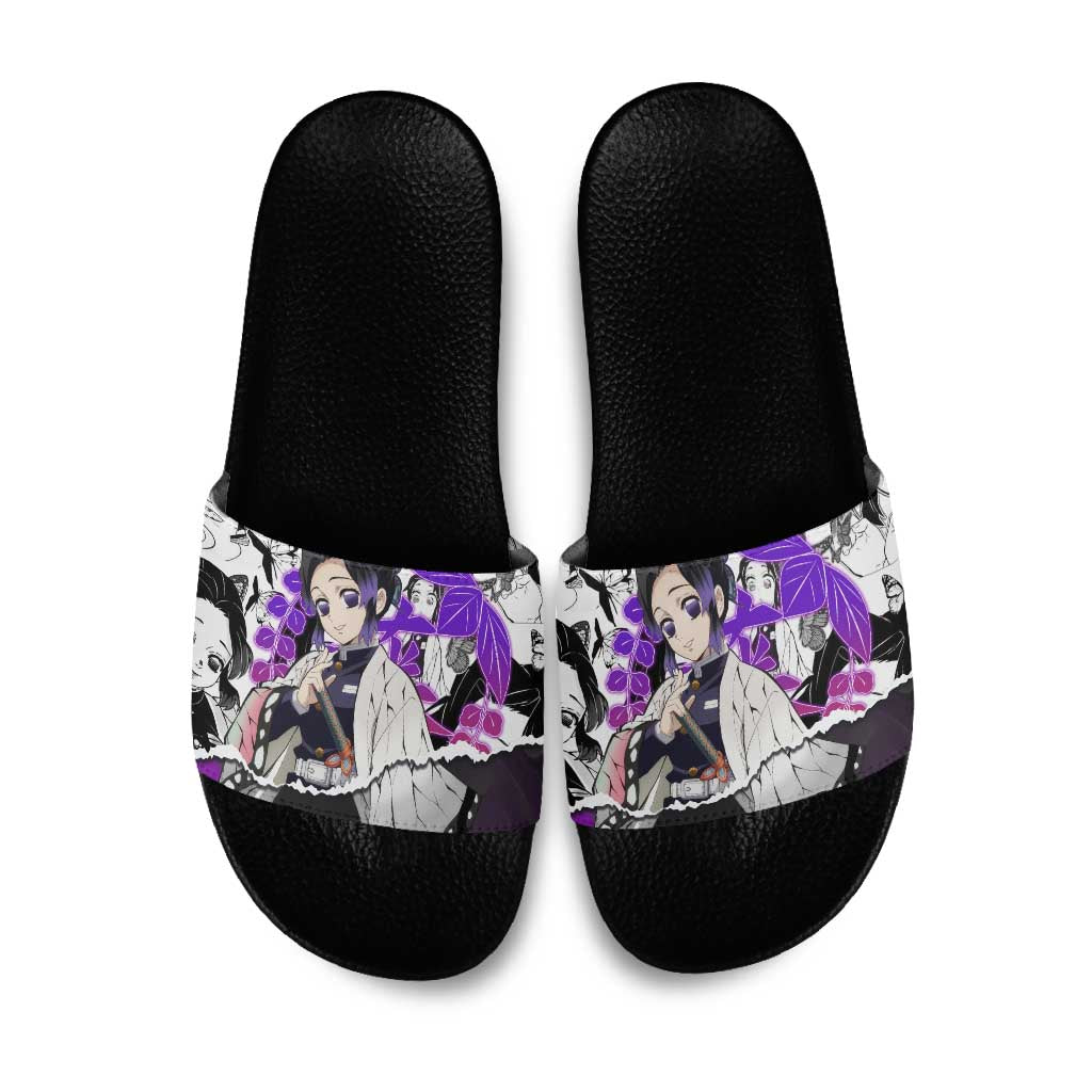 Shinobu Kocho Demon Slayer Butterfly Theme Slide Sandals with Purple Accents and Manga Collage Design - The Mazicc