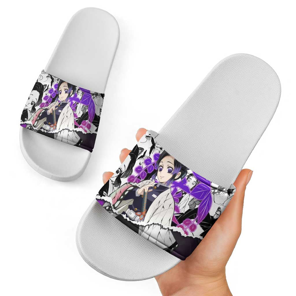 Shinobu Kocho Demon Slayer Butterfly Theme Slide Sandals with Purple Accents and Manga Collage Design - The Mazicc