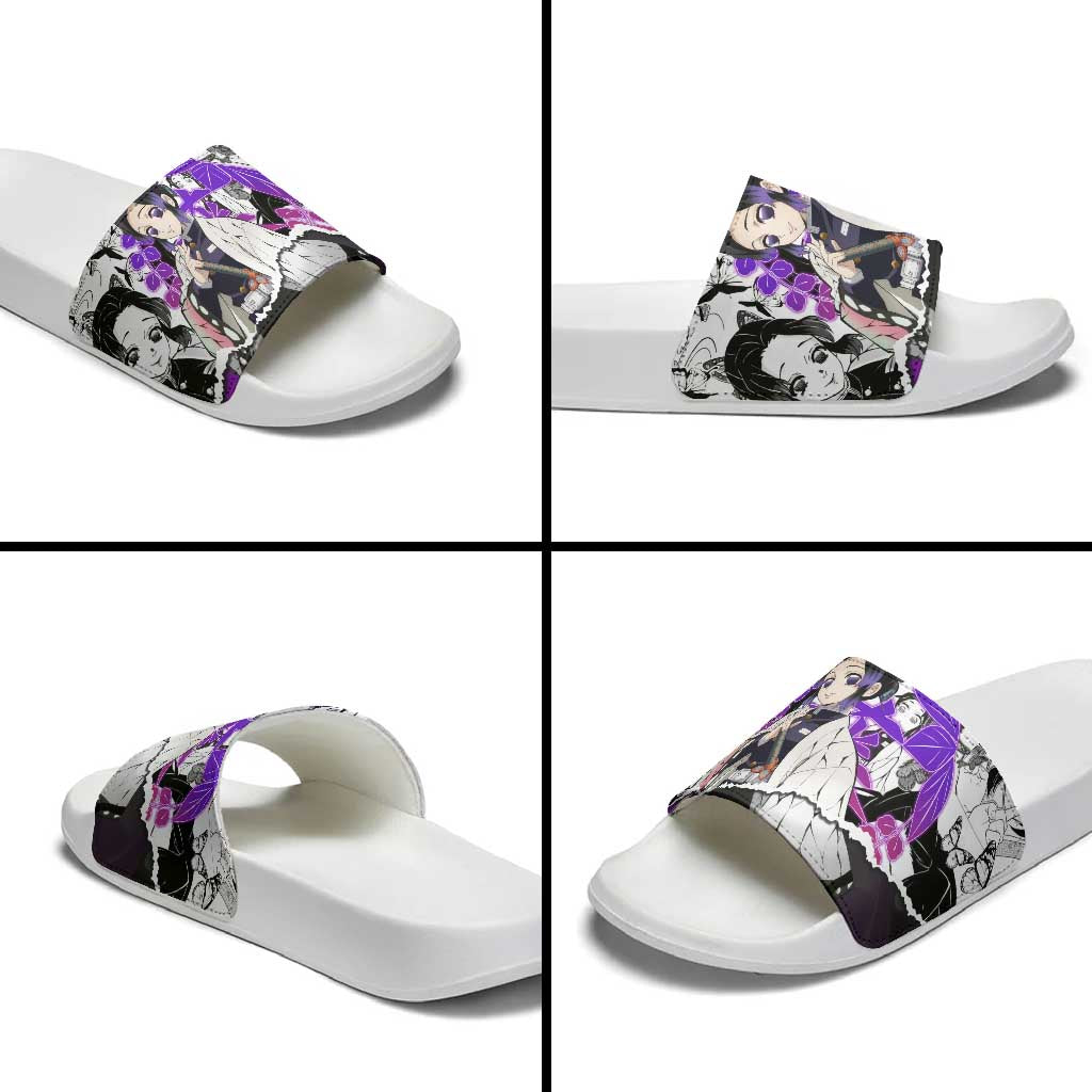 Shinobu Kocho Demon Slayer Butterfly Theme Slide Sandals with Purple Accents and Manga Collage Design - The Mazicc