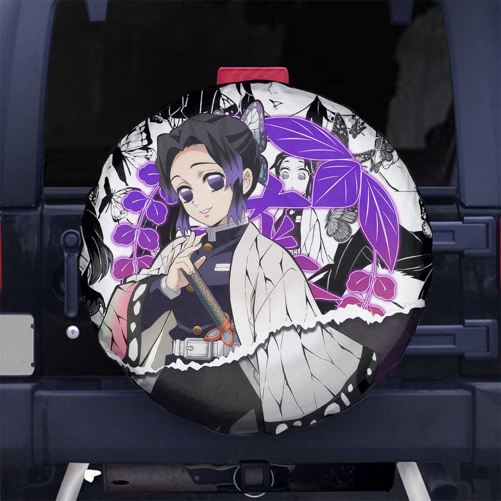 Shinobu Kocho Demon Slayer Butterfly Theme Spare Tire Cover with Purple Accents and Manga Collage Design - The Mazicc